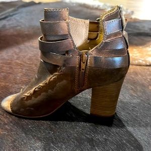 Brown suede and leather open toe short boot